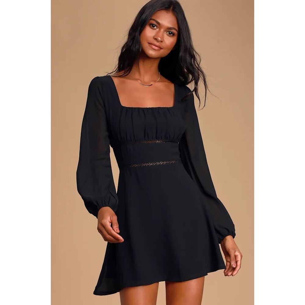 Lulus Loving Memories Black Long Sleeve Skater Dress Medium
